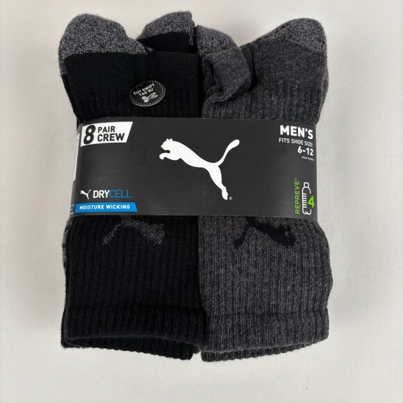 Puma Crew Socks Dry Cell Moisture Wicking Black Gray 8 Pair - Picture 1 of 6